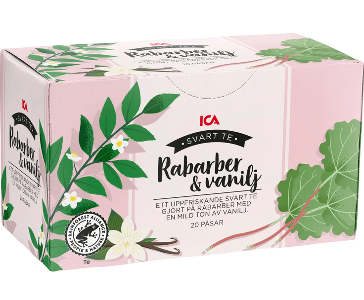 ICA Rabarber en Vanillethee uit Zweden is een zwarte thee met de smaak van frisse, zomerse rabarber en een zachte toets van zoete vanille.