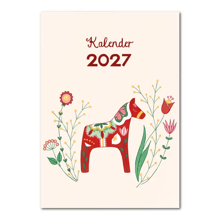 Geïllustreerde Zweden muurkalender 2027 met Zweedse huisjes, natuur en fika van Studio Kvinna
