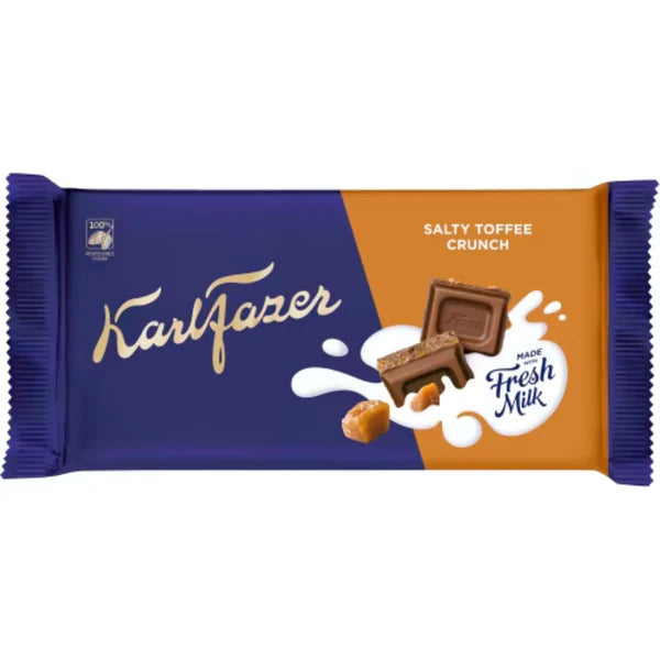 Karl Fazer Salty Toffee Crunch is een heerlijke melk chocoladereep met crunchy toffee en een snufje zout