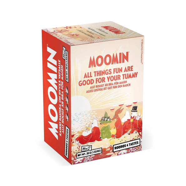 Moomin thee doosje "All things fun are good for your tummy" bestaat uit een cafeïnevrije, vrolijk gearomatiseerde rooibosmelange met vier lekkere smaken.