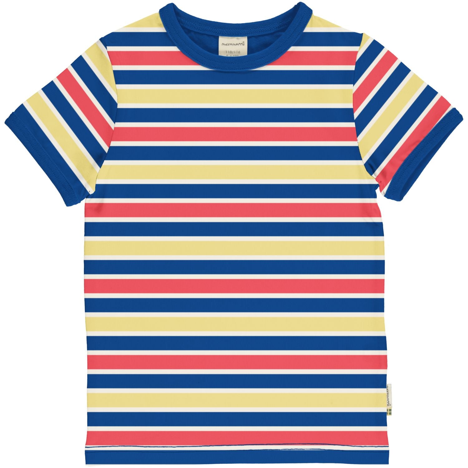 Top van Maxomorra met blauw, rood en geel gestreepte print van biologisch katoen