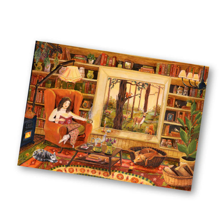 Illustratiekaart Cosy Selfcare met een sprookjeachtige selfcare illustratie in het boshuisje met bosdieren