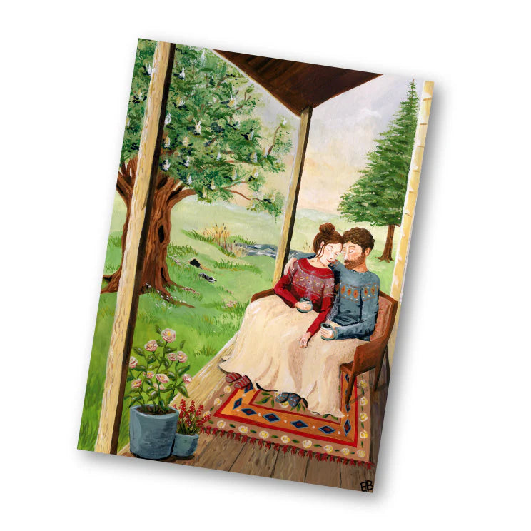 Illustratiekaart Vroege ochtend met een rustige ochtendscène, samen cosy op de veranda onder een dekentje
