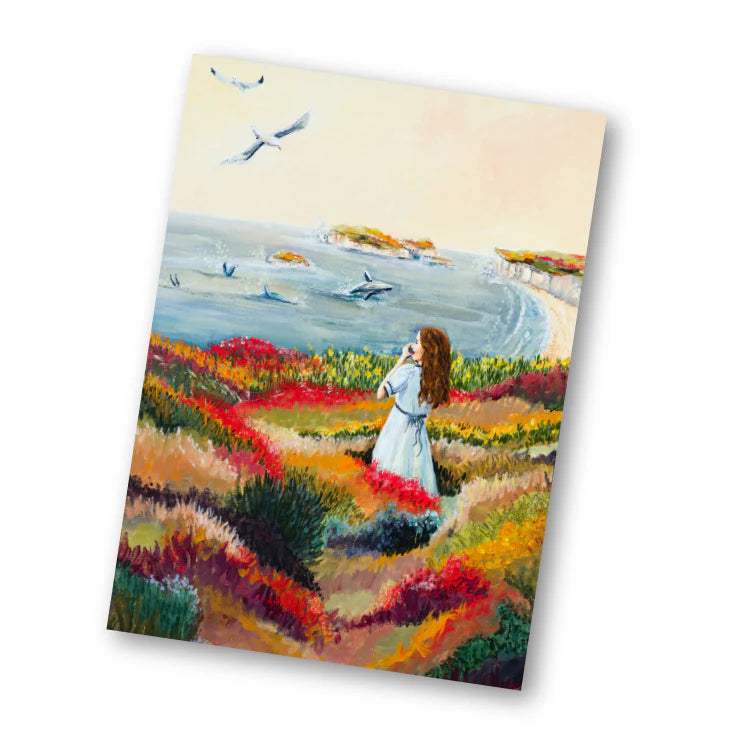 Illustratiekaart De Walvisroep met een illustratie van een baai met walvissen die geroepen worden door een vrouw