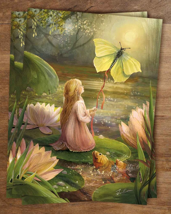 Illustratiekaart Thumbelina met Duimelijntje op een waterlelie tussen het riet.