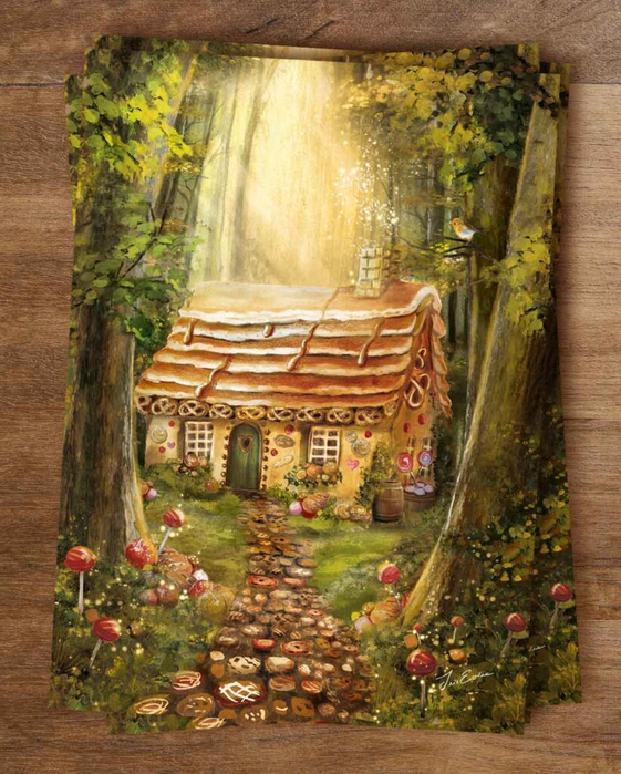 Illustratiekaart Hansel and Gretel met Hans en Grietje bij het snoephuisje in het bos.