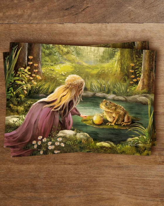 Illustratiekaart The Frog Prince met de prinses en de kikker bij een bosvijver.