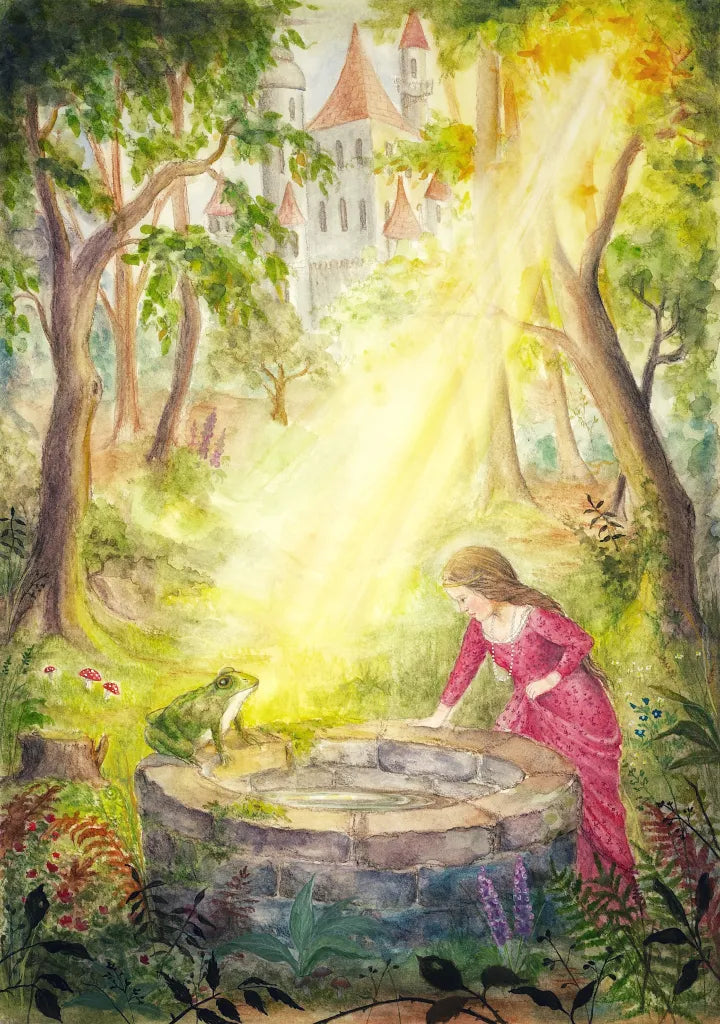 Ansichtkaart The Frog Prince van Mhairi Hellbrandt Illustraties waar de prinses de gouden bal heeft laten vallen in de diepe bron en de kikker bereid is om hem eruit te halen