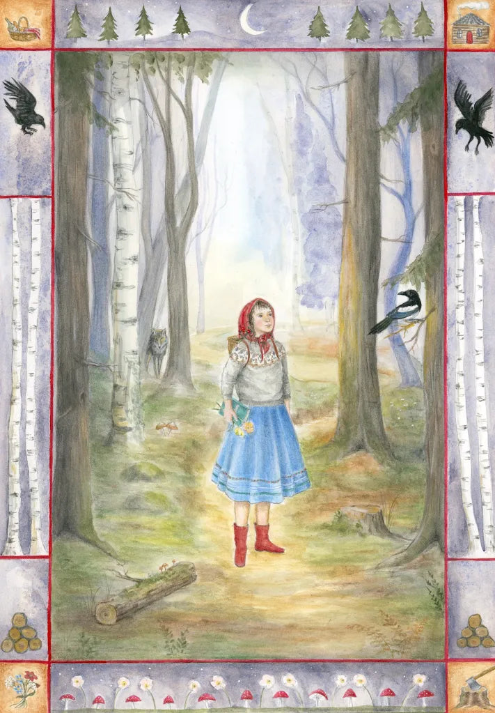 Ansichtkaart Little Red Riding Hood van Mhairi Hellbrandt Illustraties met Roodkapje in het bos die gevolgd wordt door de wolf