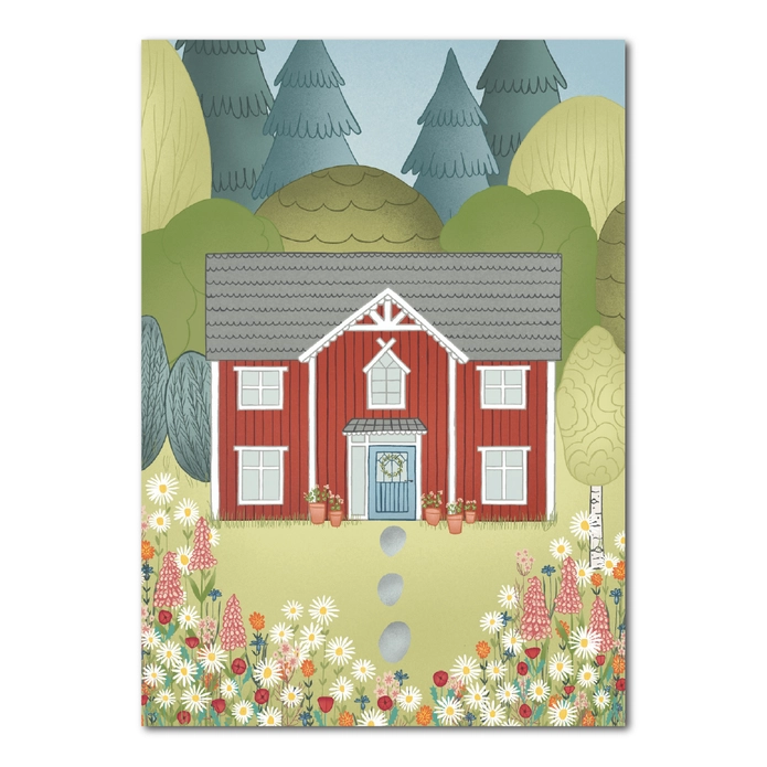 Ansichtkaart met een typisch Zweeds rood huisje, bos en bloementuin van Studio Kvinna