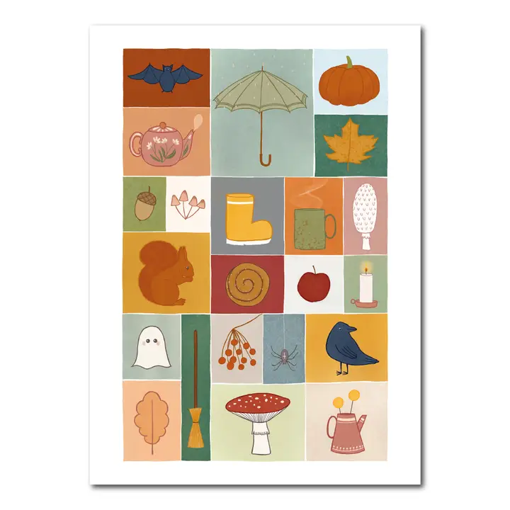 Herfstkaart met eekhoorn, paddenstoelen, koffie, theepot en kaarsje van Studio Kvinna