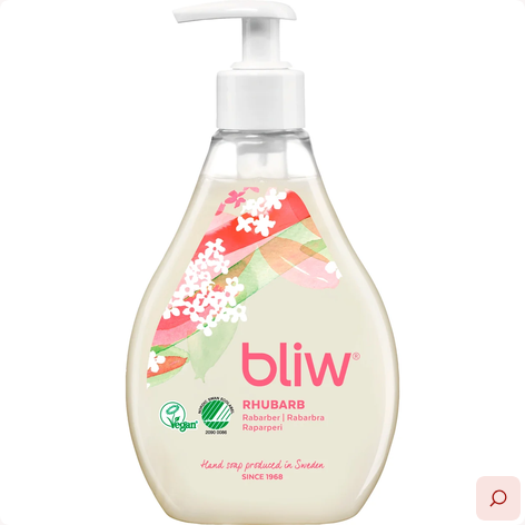 Bliw fläder & rabarber rhubarb is een milde zeep met zoete zomerse geur met uitstekende hydraterende eigenschappen, gemaakt in Zweden en Nordic Swan-milieukeurmerk