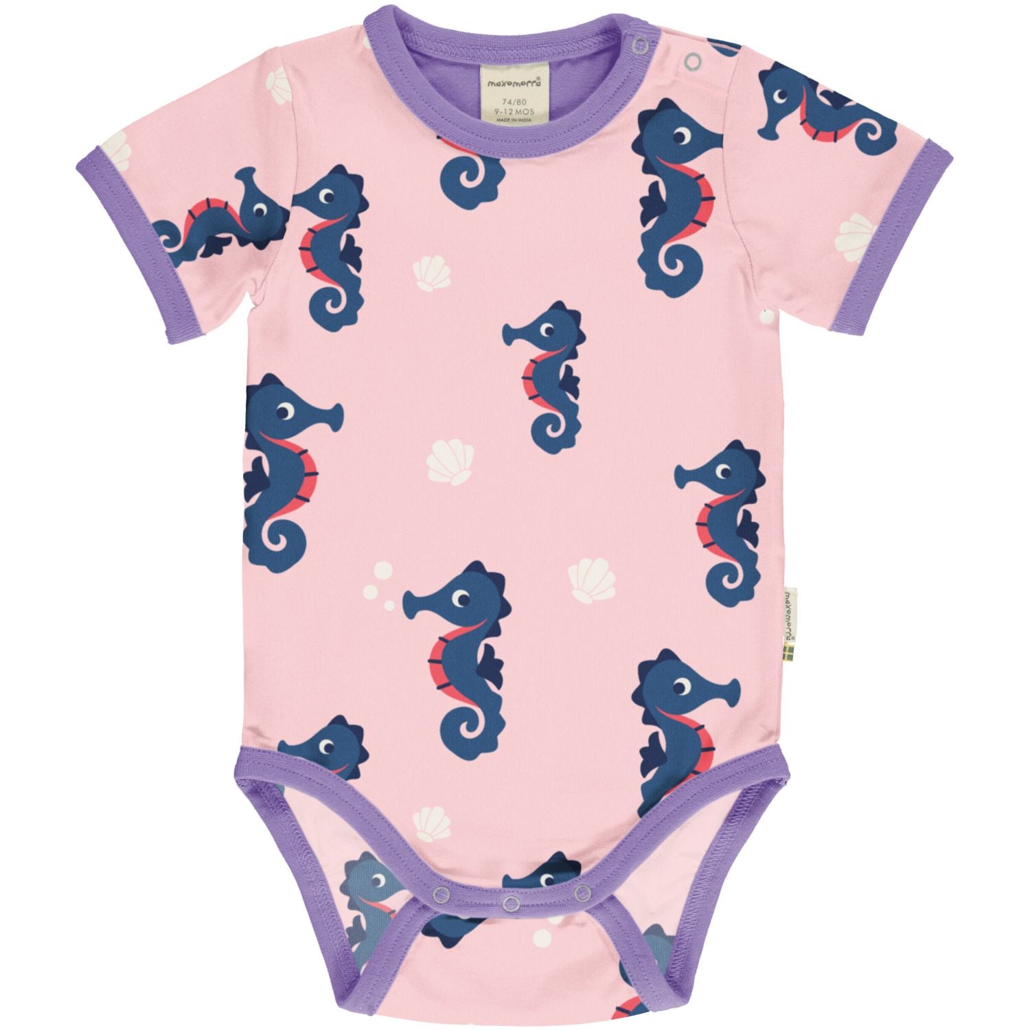 Baby body van Maxomorra met roze seahorse print van biologisch katoen