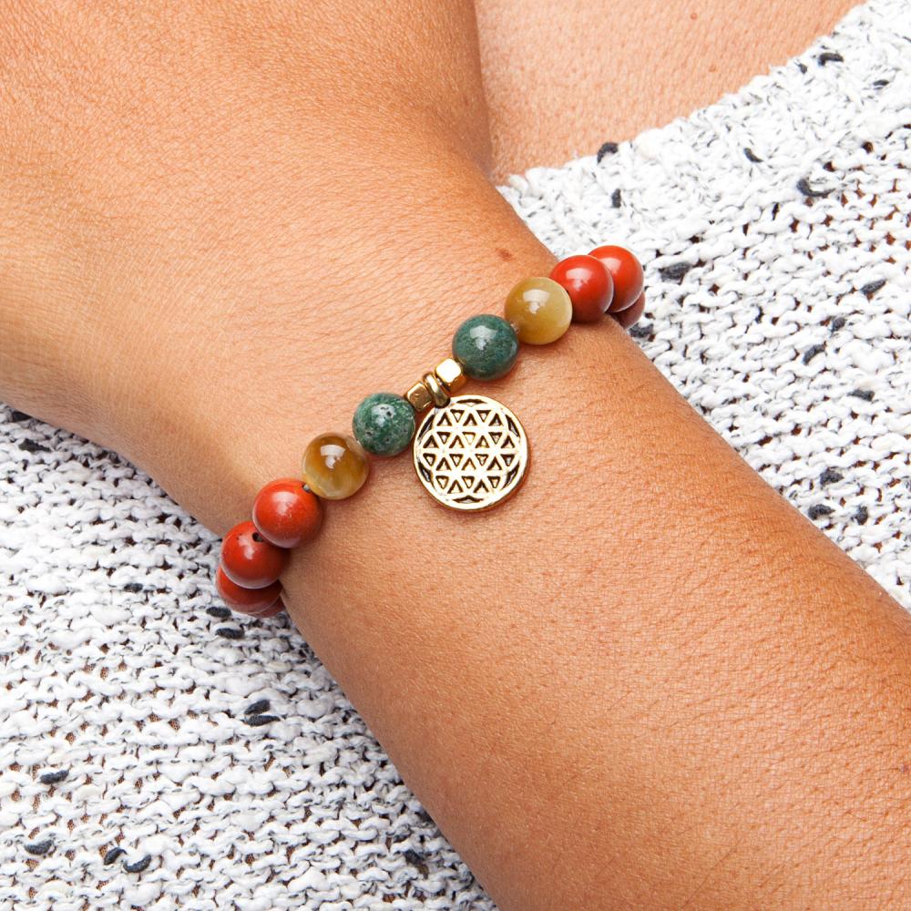 Mala armband rode Jaspis, Mosagaat & Tijgeroog met Flower of Life bedel – Bodynova