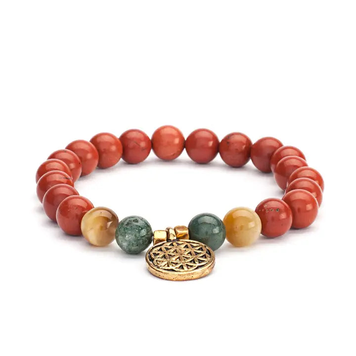 Mala armband rode Jaspis, Mosagaat & Tijgeroog met Flower of Life bedel – Bodynova