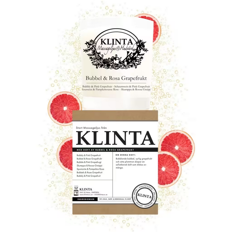 Geurkaars / Doftljus & Massageljus Bubbel & Rosa Grapefrukt 45 uur - Klinta