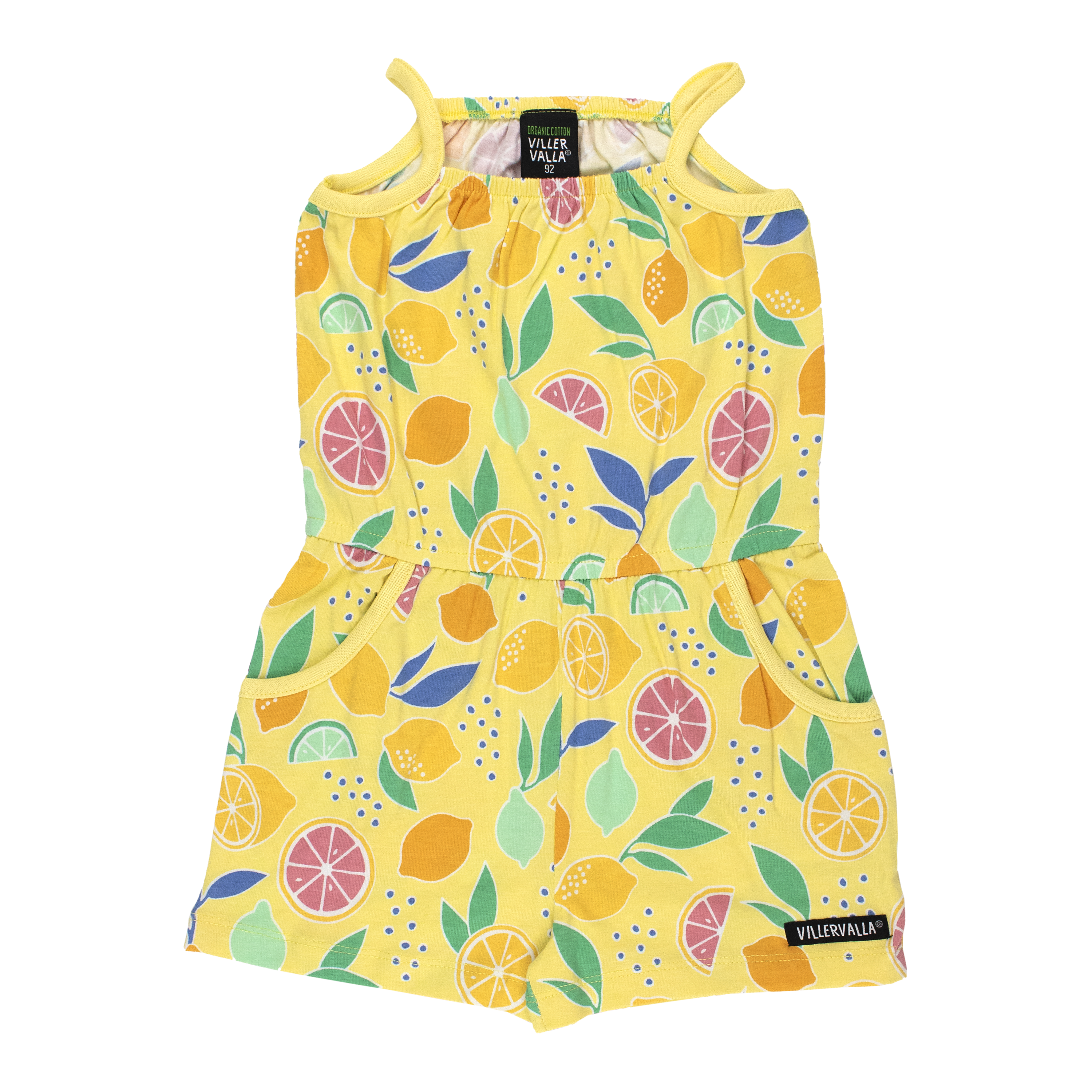 Jumpsuit van Villervalla met Lemon Bliss print in gele banana kleur van biologisch katoen