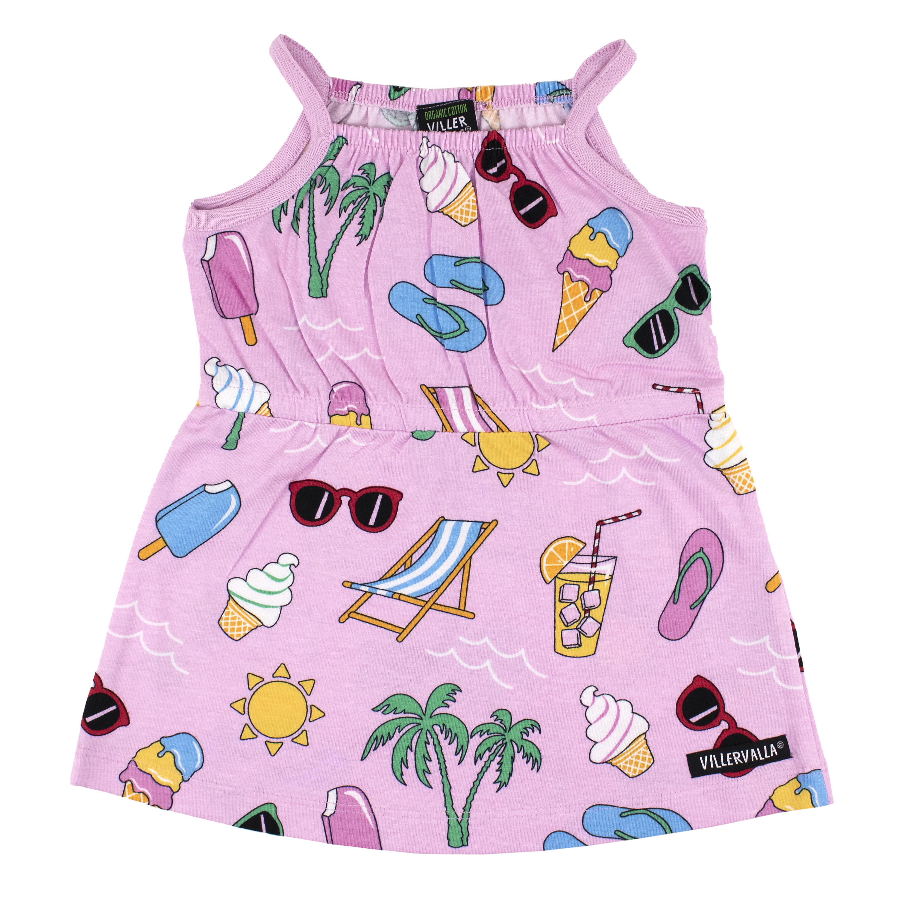 jurk van Villervalla met Summer Day print in lily roze kleur van biologisch katoen
