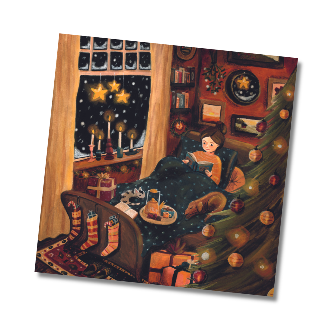 Kerstkaart warm en knus / Christmas card warm and cosy - Illustrator under a blankie
