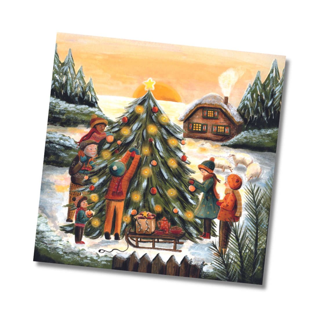 Kerstkaart de grote boom / Christmas card the big tree - Illustrator under a blankie