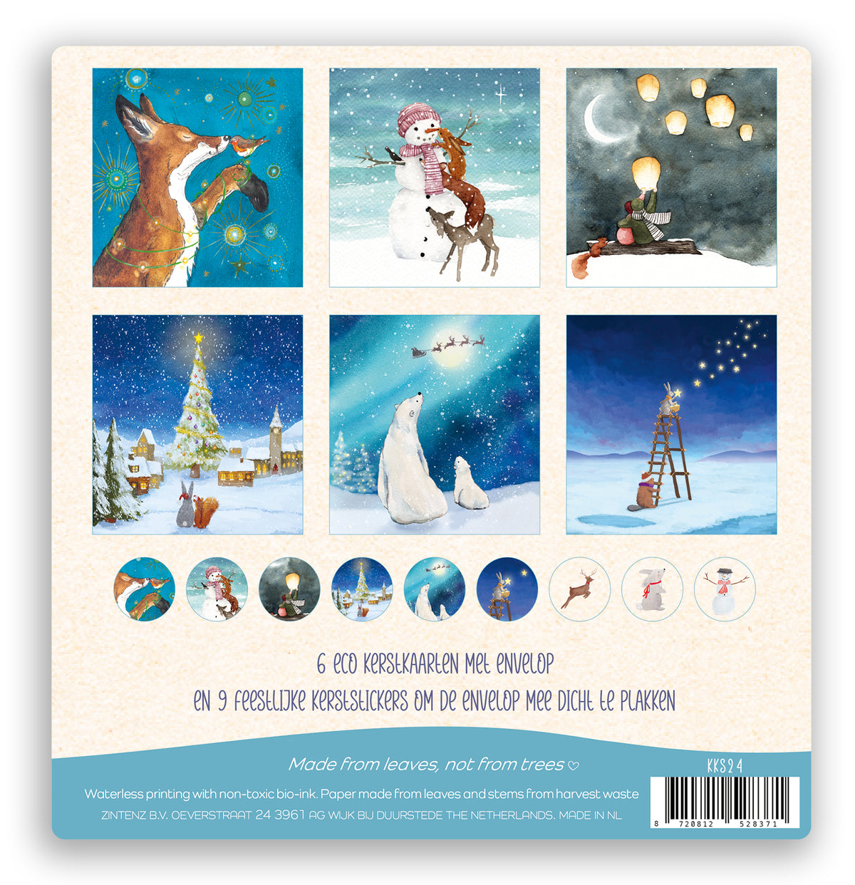 Eco Kerstkaarten KKS24 Set 6 st. + 9 stickers – Zintenz