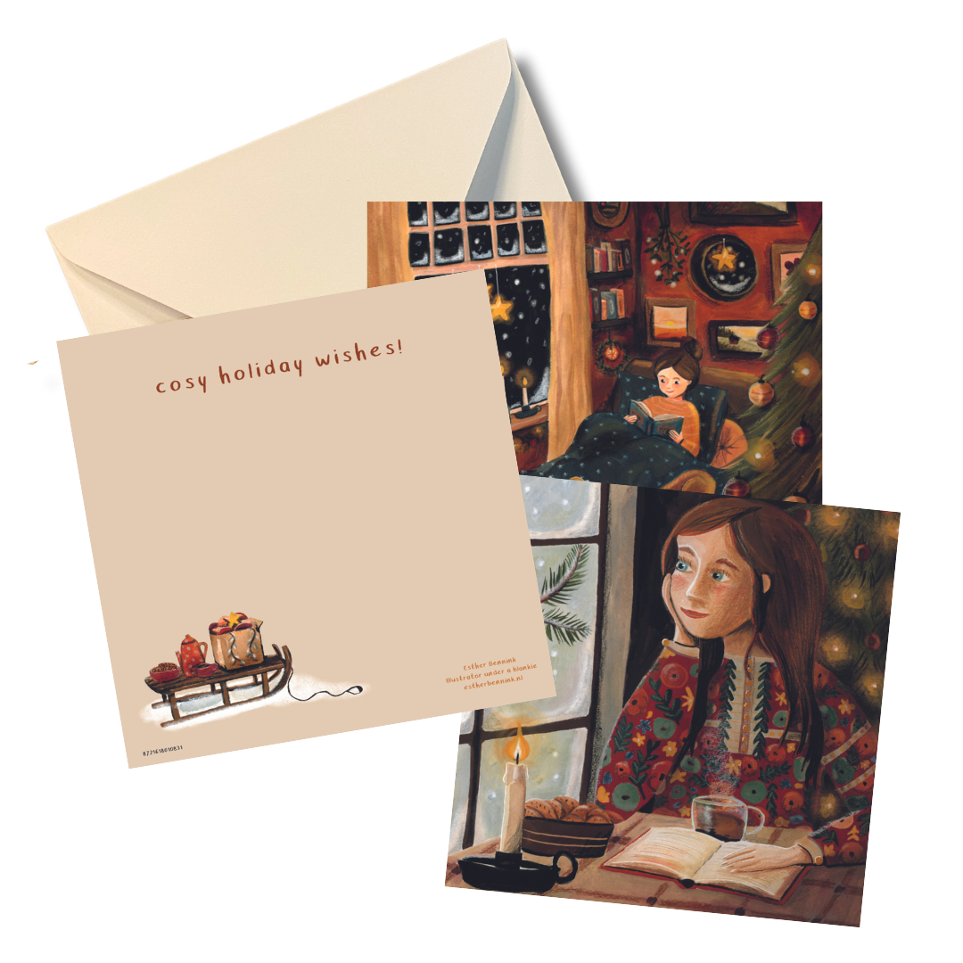Kerstkaart warm en knus / Christmas card warm and cosy - Illustrator under a blankie