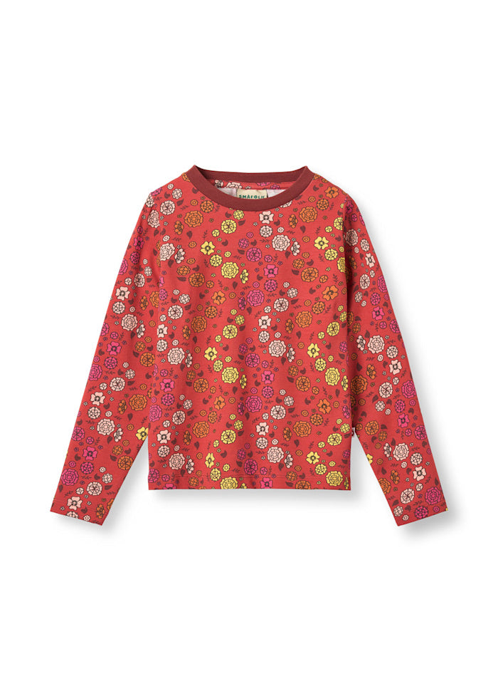 Smafolk longsleeve gala met retro bloemen in rood van biologisch katoen