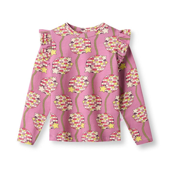 Smafolk longsleeve regent met retro disco ballen en ruches bij schouders in lila van biologisch katoen 