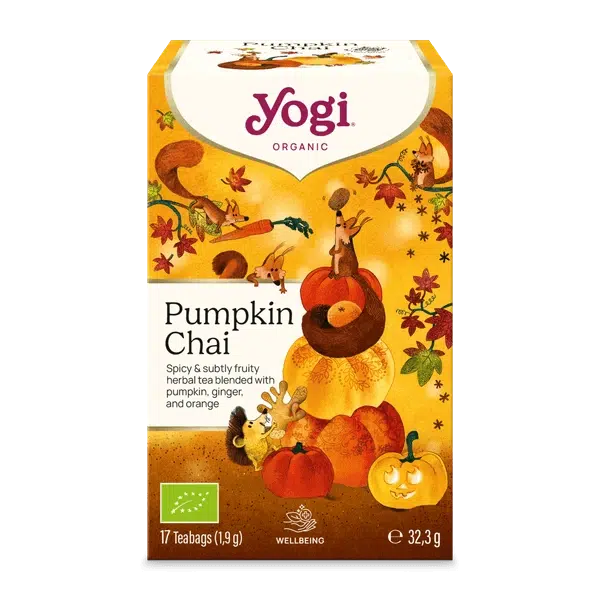 Pumpkin Chai van Yogi tea is een herfst thee met o.a. chai-kruiden, sinaasappel en pompoen