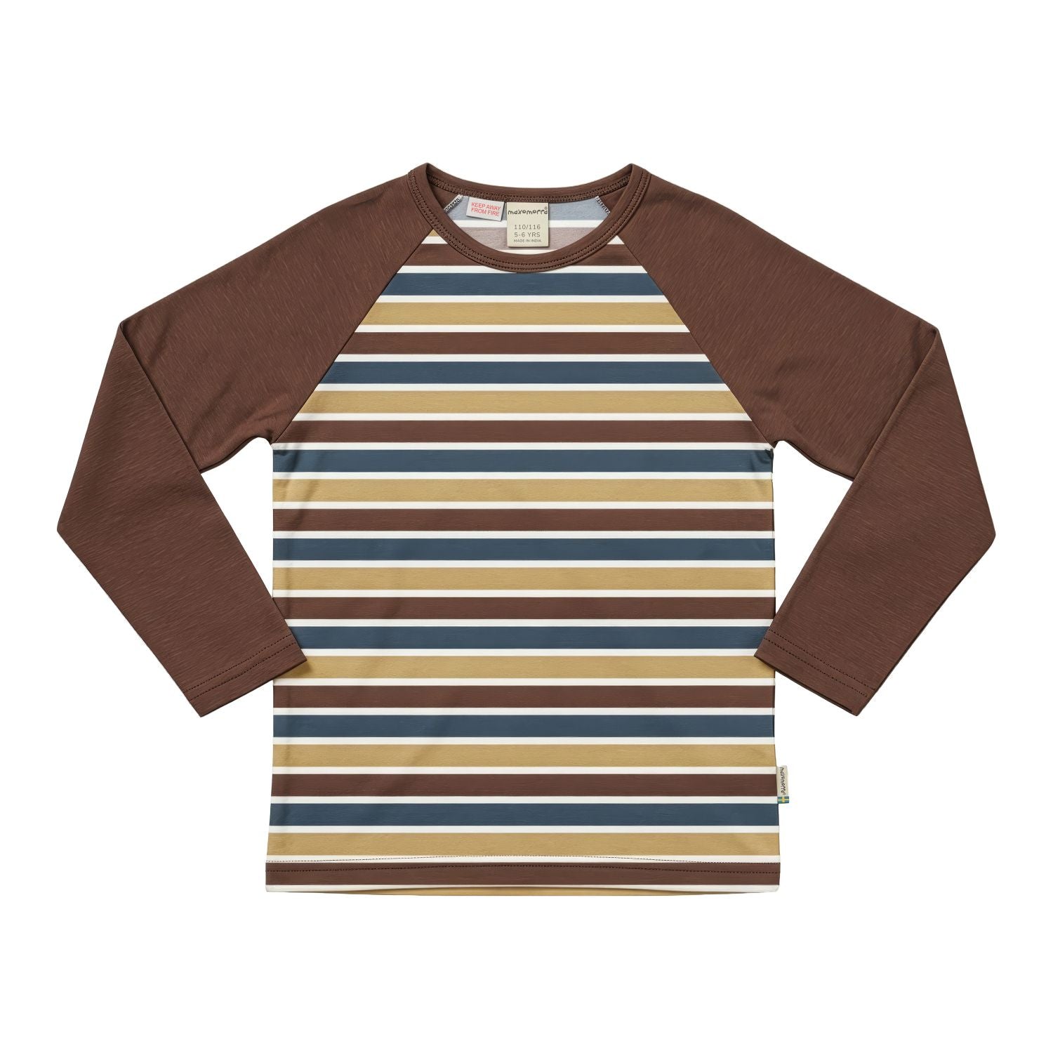 Pyjama shirt van Maxomorra met gestreepte print in warme natuurtinten en bruine raglanmouwen van biologisch katoen
