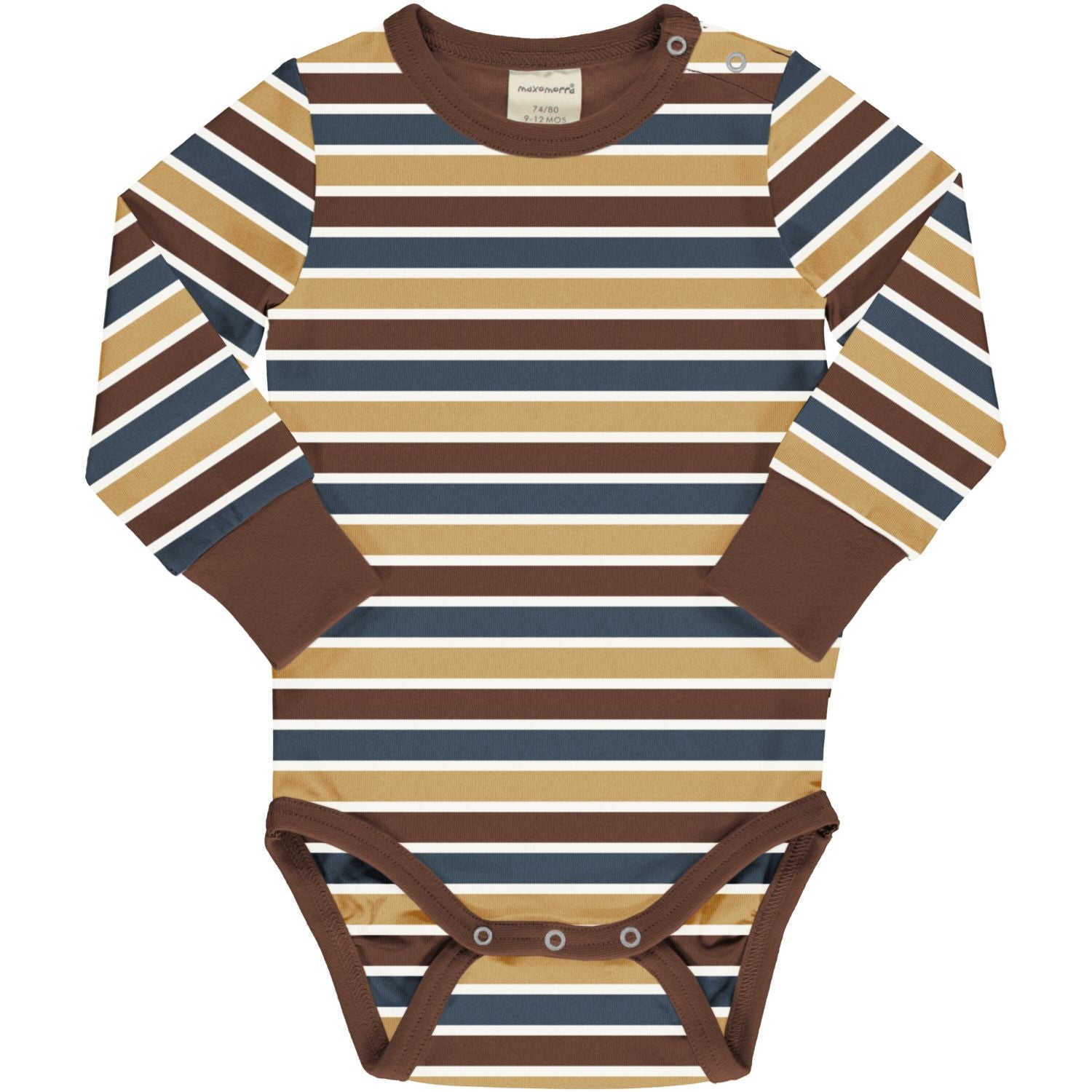 Baby body van Maxomorra met gestreepte print in warme natuurtinten van biologisch katoen