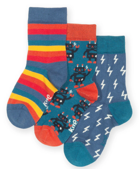 Kite Rob The Bot sokken 3-pack met robots, regenboogstrepen en blauwe bliksems