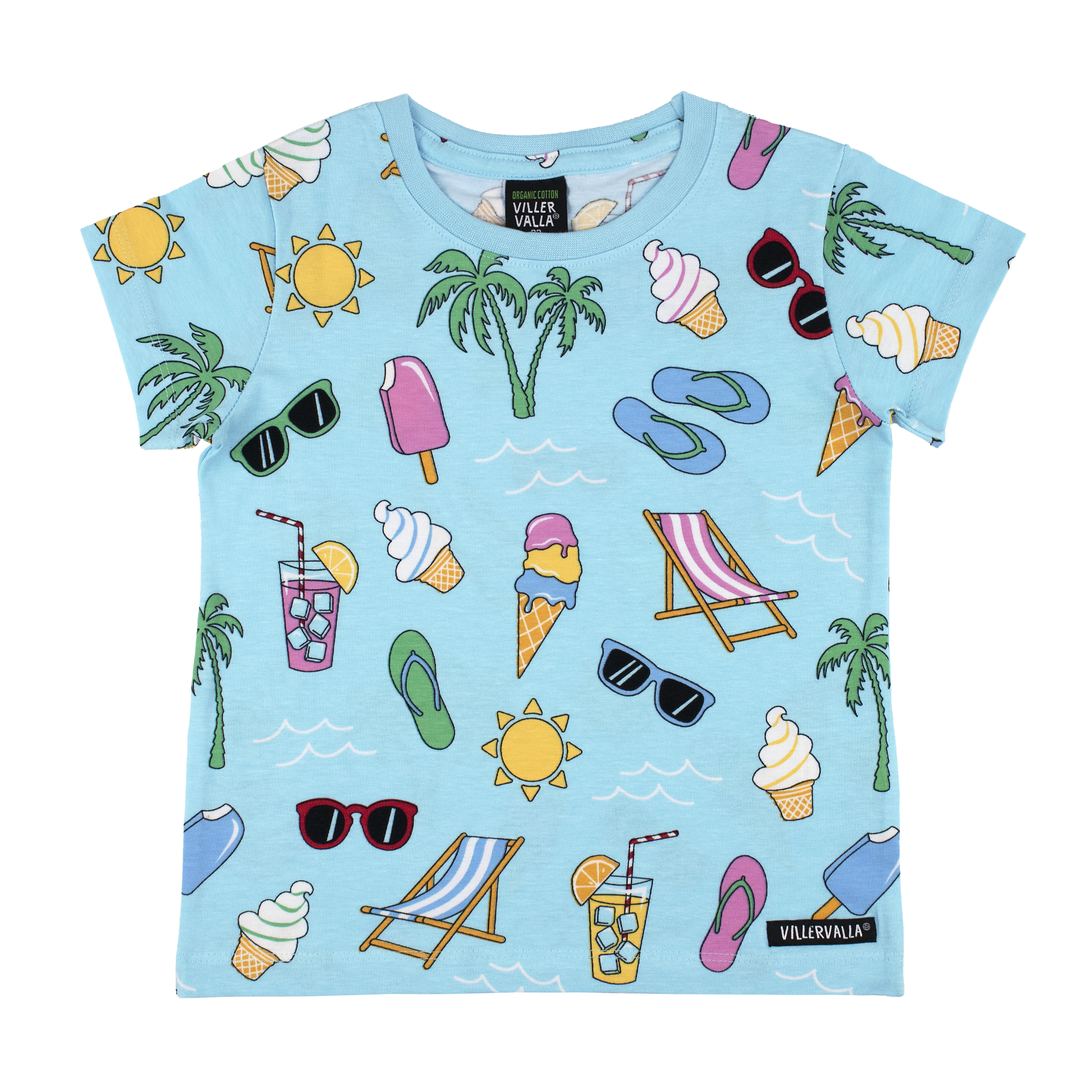 T-shirt van Villervalla met Summer Day print in breeze blauwe kleur van biologisch katoen