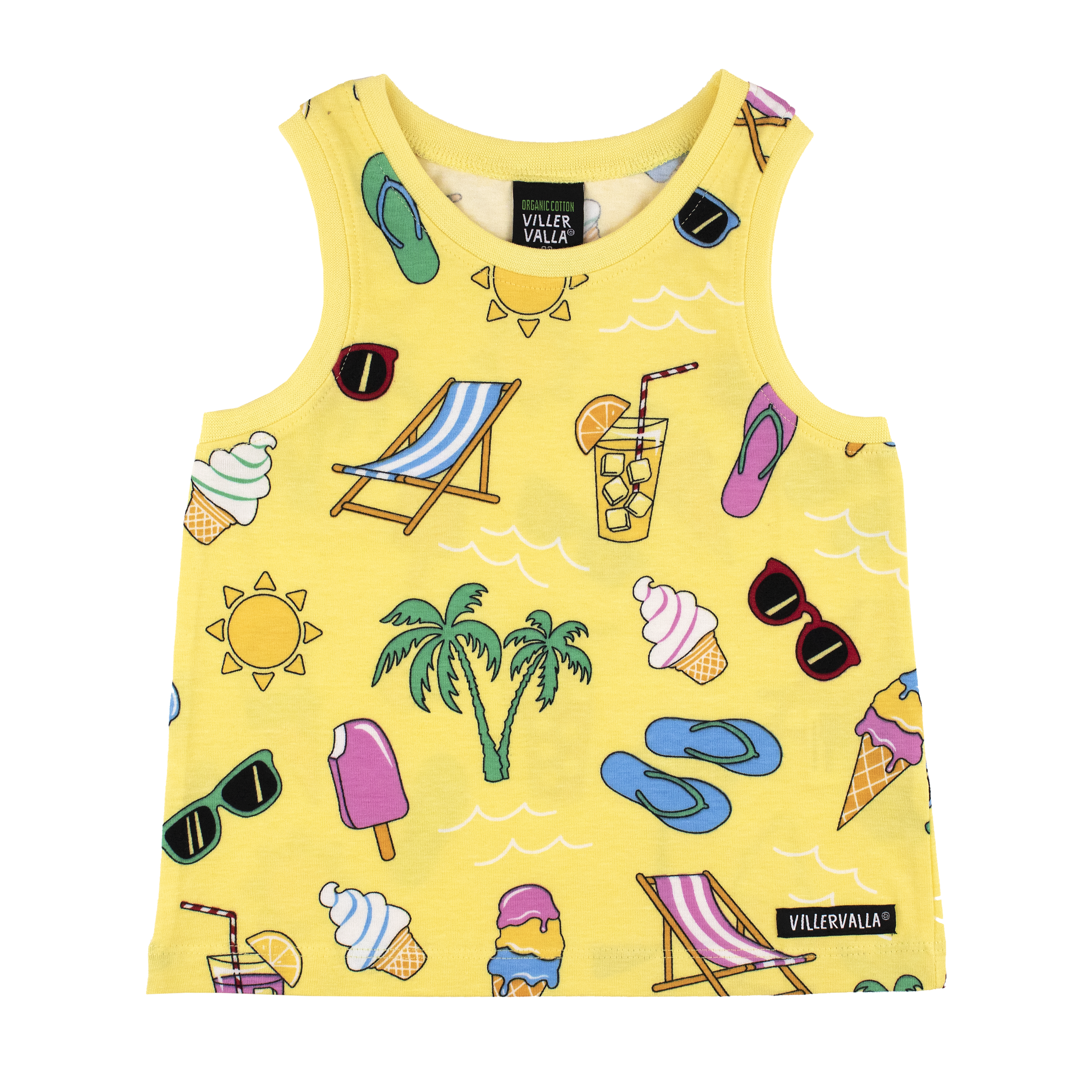 Tank top van Villervalla met Summer Day print in banana gele kleur van biologisch katoen