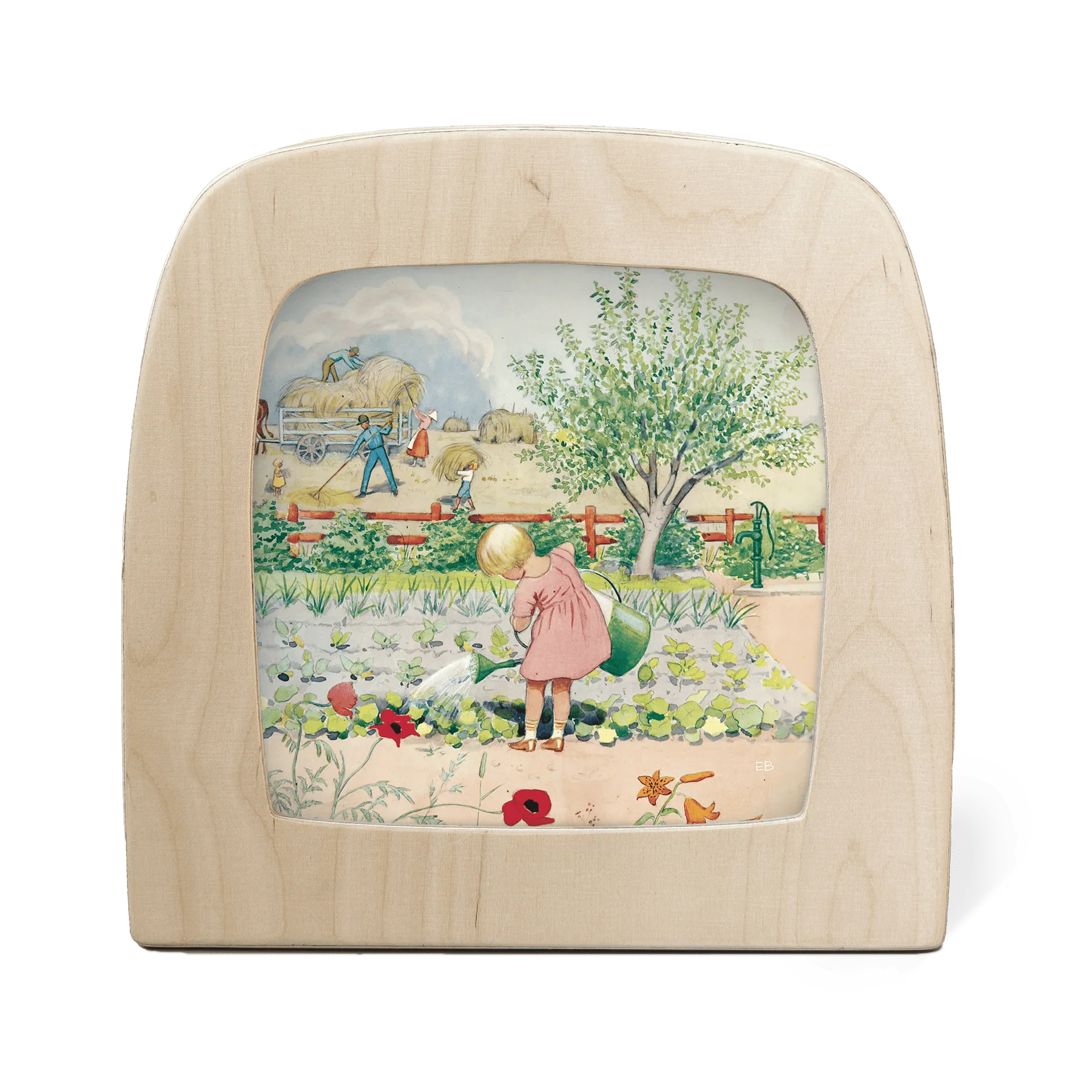 Toverplaat van Elsa Beskow uit boek Het jaar rond - maand juli - moestuin, oogsten, hooi binnen halen, water geven