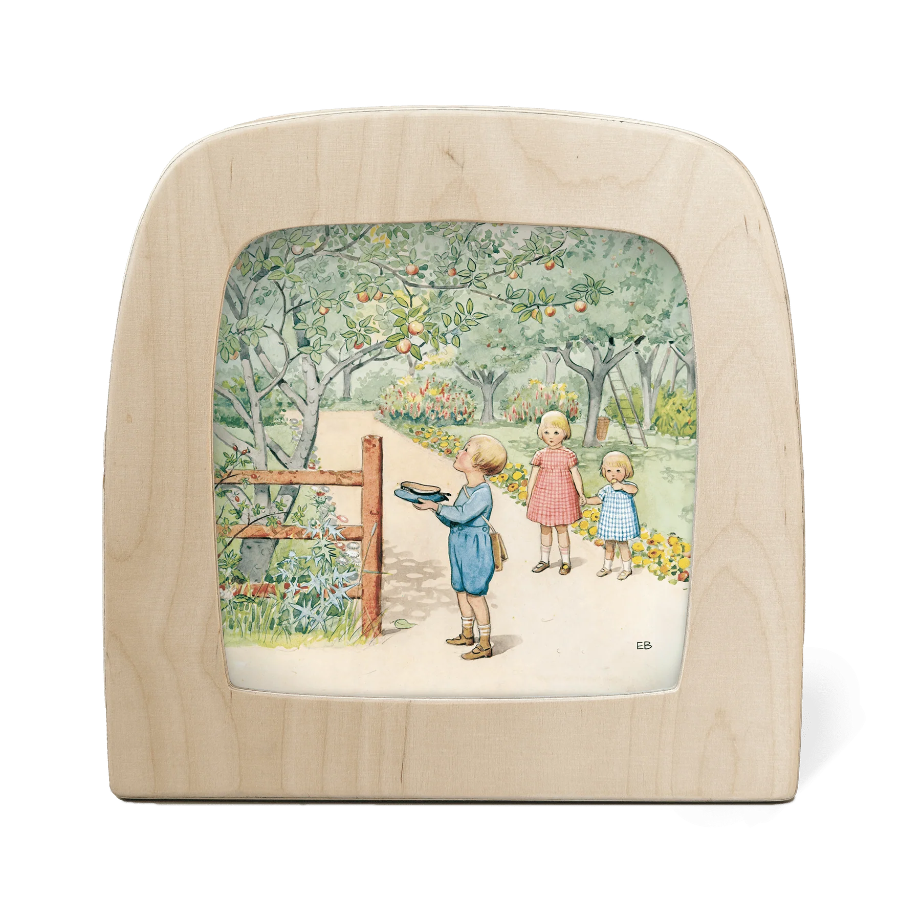 Toverplaat van Elsa Beskow uit boek Het jaar rond - maand september - optocht kinderen bij appelboom waar jongen appels in pet opvangt