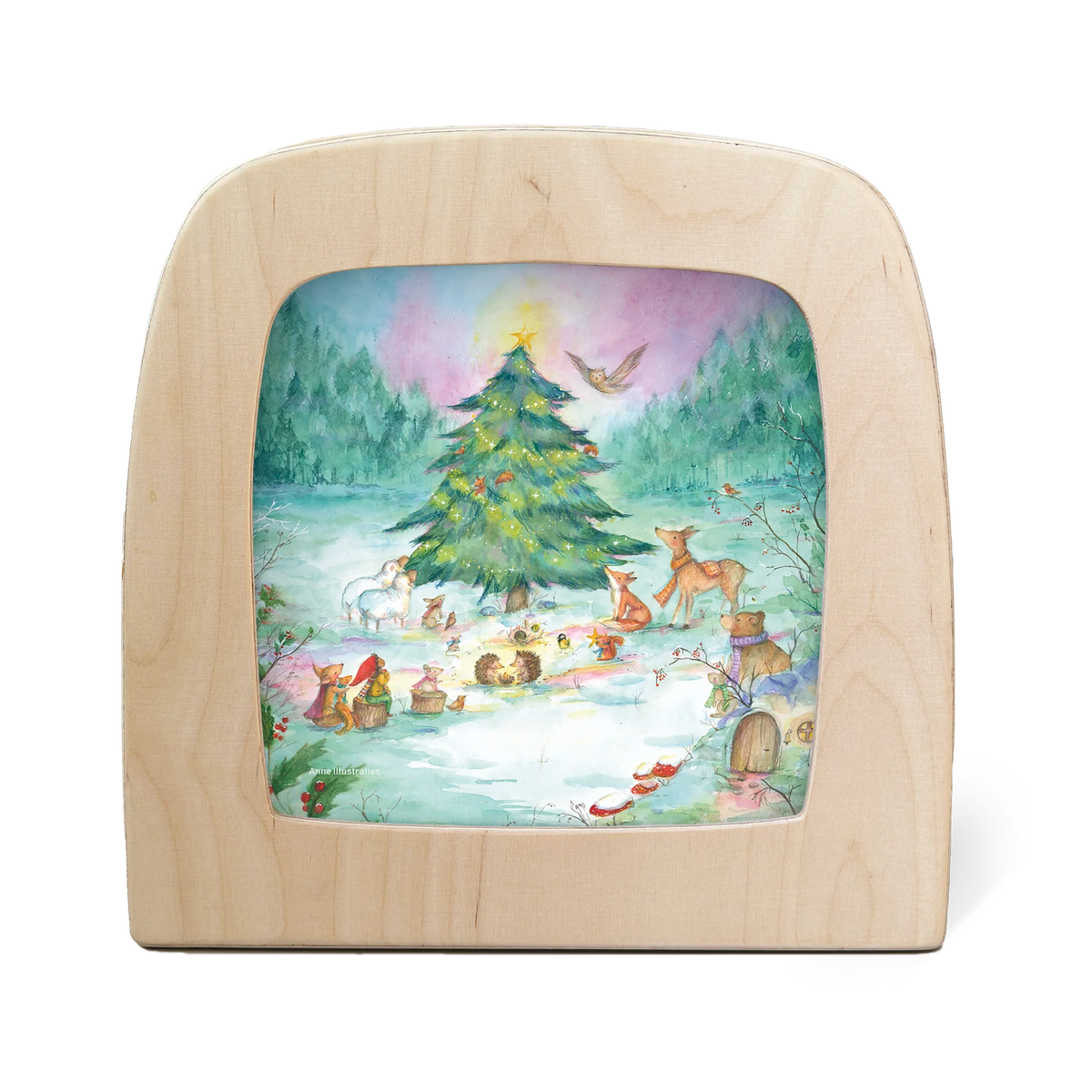 Toverlux Toverplaat Midwinterwoud van Anne Illustraties met bosdieren die rondom de versierende Kerstboom in het bos zitten