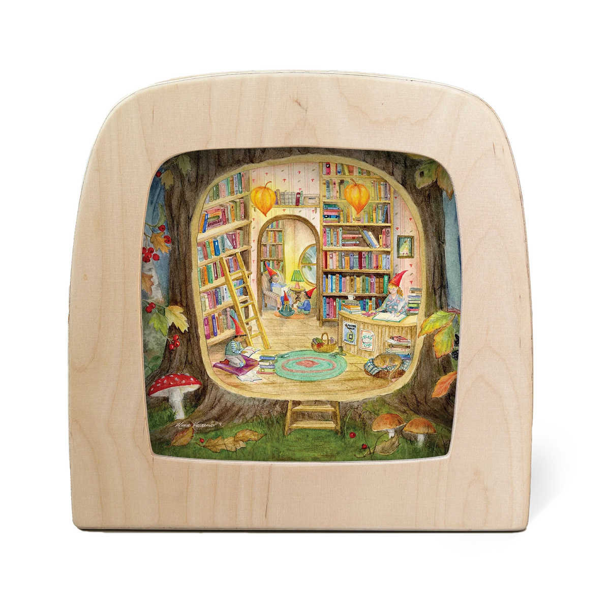 Toverlux Toverplaat De Geheime Bibliotheek van Mhairi Hellbrandt Illustraties met kabouters die in een boom wonen en daar in de bibliotheek zitten