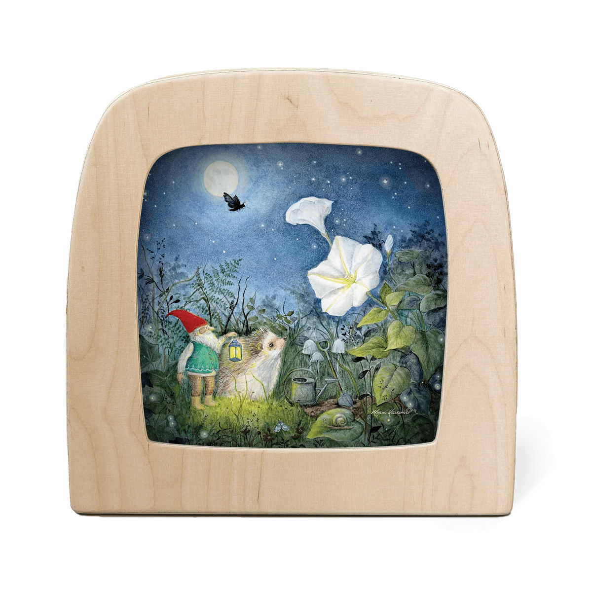 Toverlux Toverplaat Moonflower van Mhairi Hellbrandt Illustraties met een kabouter en een egel die kijken naar witten bloemen in de volle maan
