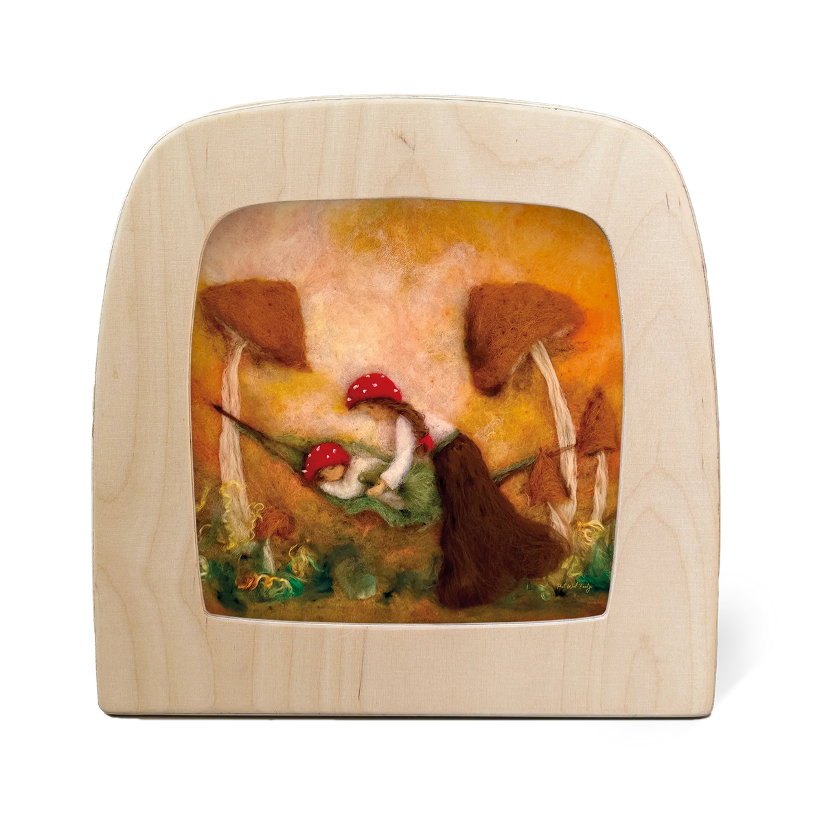 Toverlux Toverplaat Herfst Wiegelied van Het Wol Feetje met een kaboutermoeder die haar kind toedekt in de hangmat tussen twee paddenstoelen