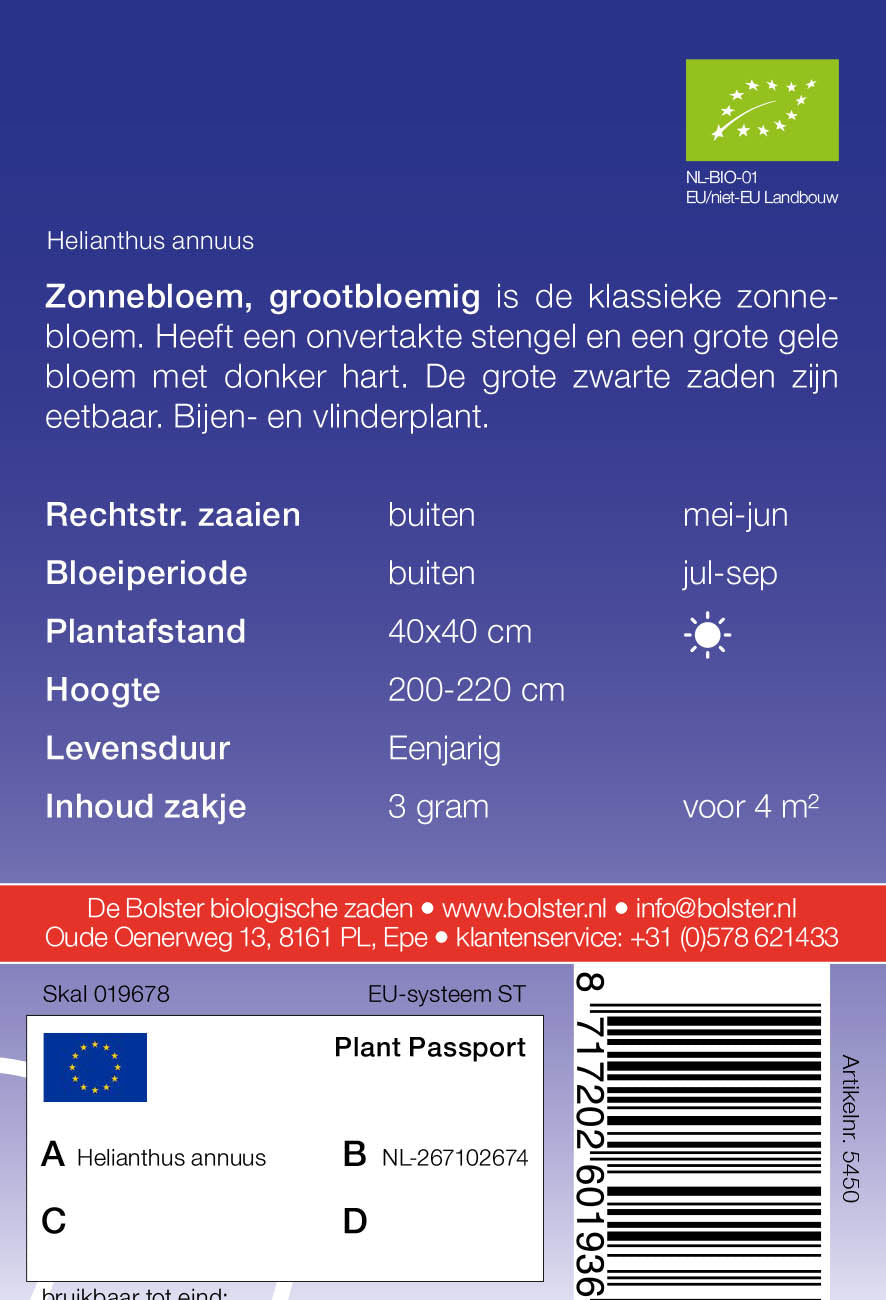 Zonnebloem grootbloemig biologische zaden - De Bolster