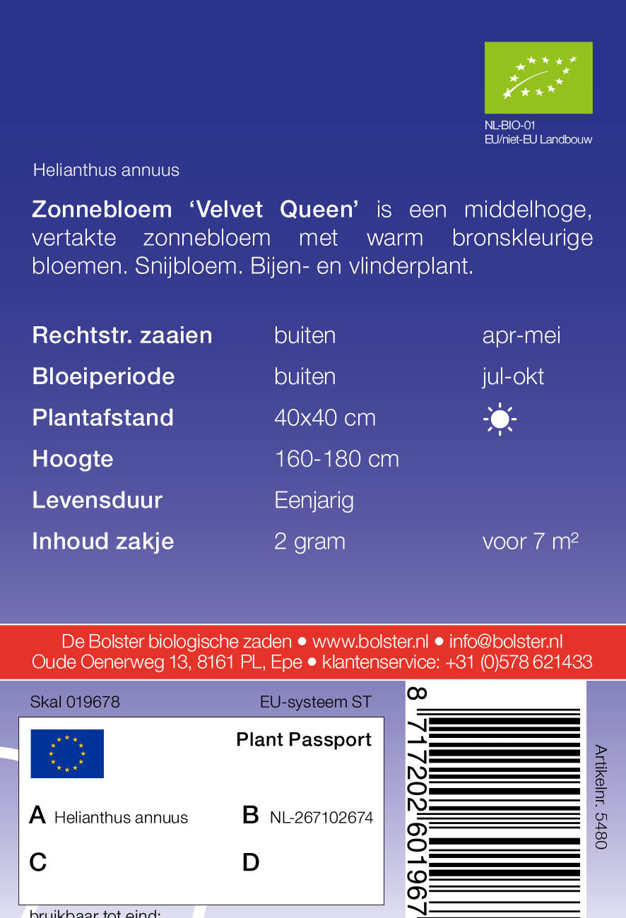 Zonnebloem 'Velvet Queen' biologische zaden - De Bolster