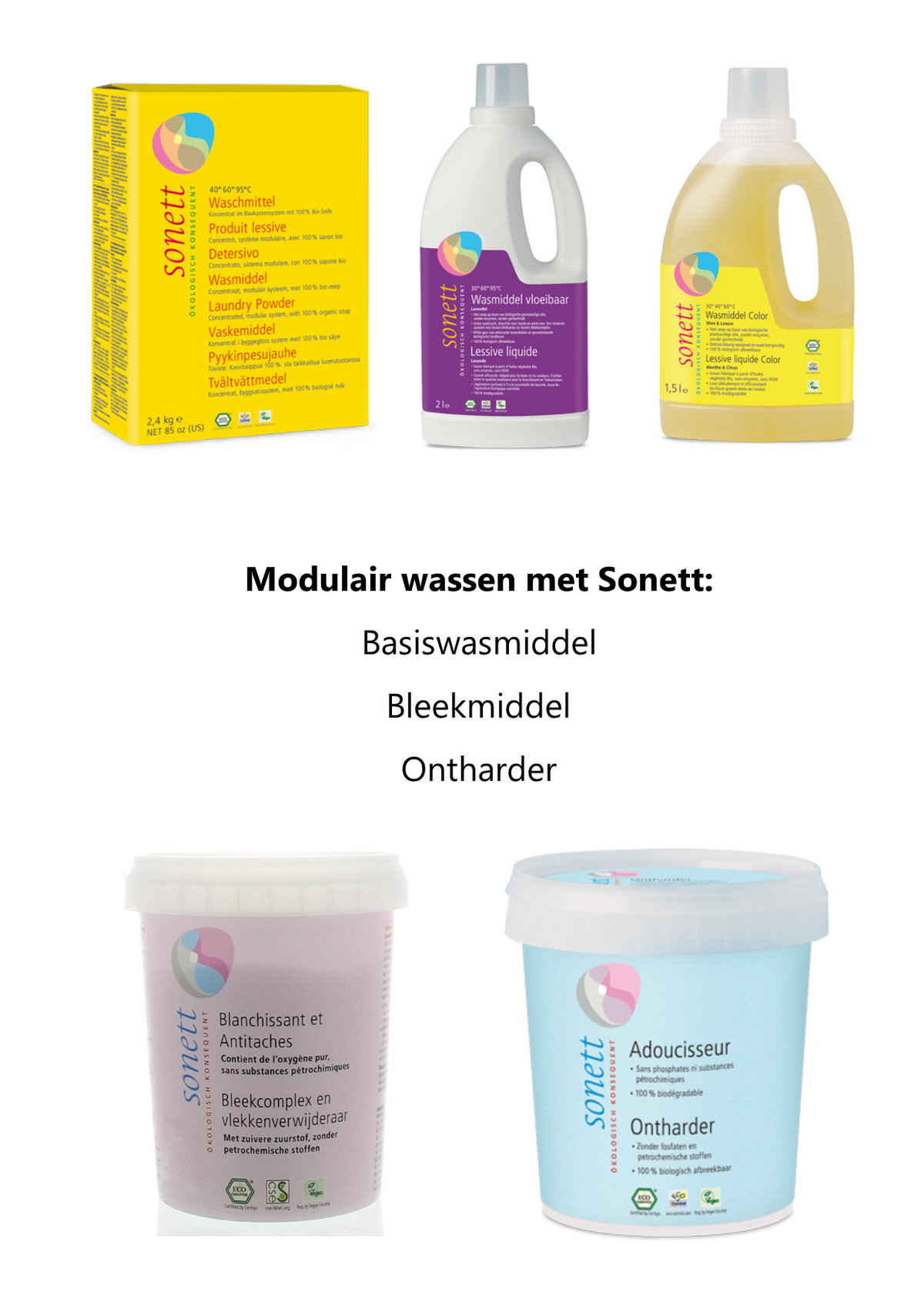 Sonett modulair wassysteem waarbij wasmiddel, ontharder en bleekcomplex apart worden gebruikt.